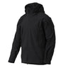 Black tactical jacket with hood, full-zip front, and drawstring hem