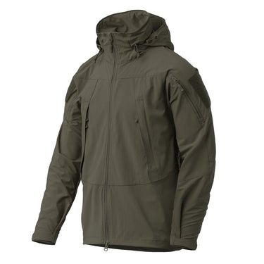 Olive tactical jacket with hood, full-zip front, and drawstring hem
