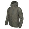 Hooded insulated jacket, gray-green, full-length front zipper and drawstring hood