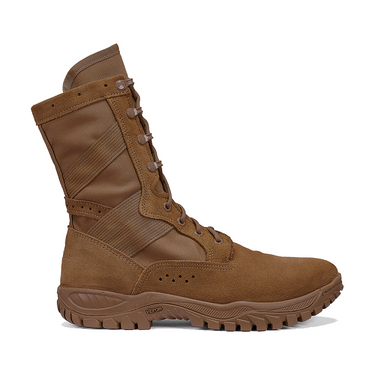 Coyote brown lace-up tactical boot with elastic side panels and treaded sole