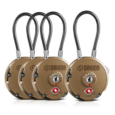 Tan 3-digit cable lock set of four with steel cable loops and dials