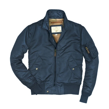 Navy flight bomber jacket with zip front, stand collar, and sleeve patch pocket.