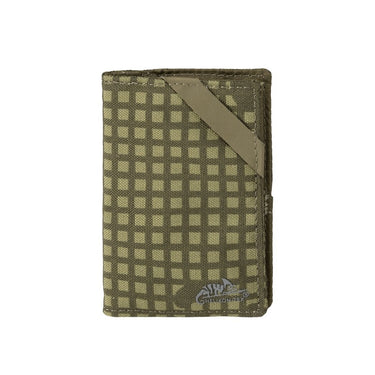 EDC wallet in olive green patterned fabric with diagonal strap and logo patch