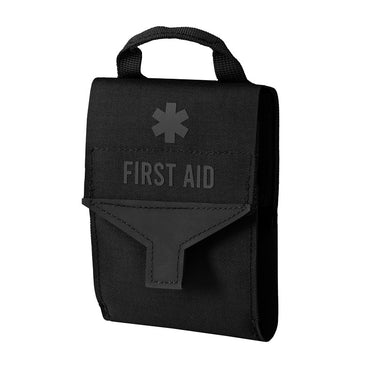 Black flat medical pouch with handle, first aid cross patch and hook-and-loop flap