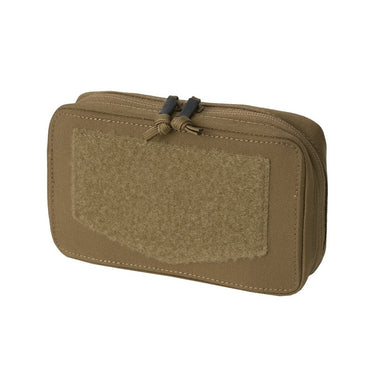 Tan admin pouch with hook-and-loop front panel and bungee cord closure
