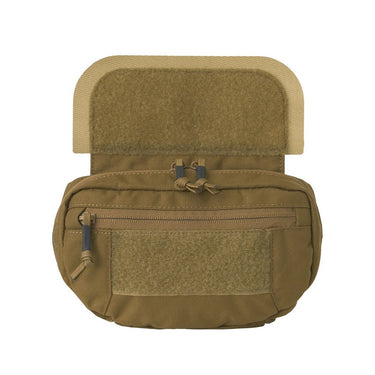 Coyote tactical pouch with zippered front pocket and padded hook-loop flap