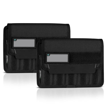 Black pistol magazine pouch set with two flap panels and elastic magazine slots