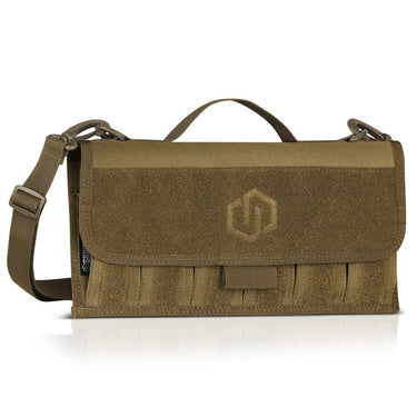 Tan pistol magazine sling pouch with flap closure and adjustable shoulder strap