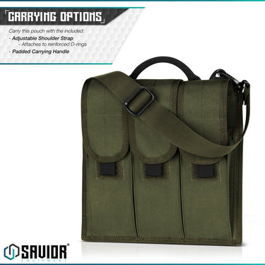 Olive green rifle magazine sling pouch with three front flap pockets and adjustable shoulder strap