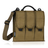 Tan tactical sling pouch with three front flap pockets and webbed shoulder strap