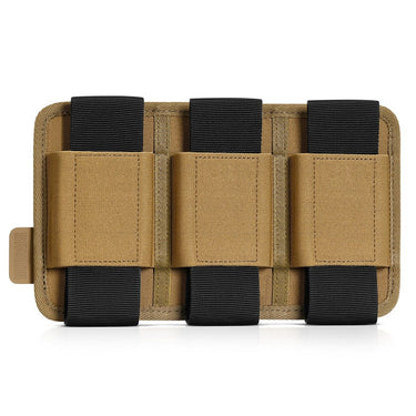 AR-15/AK-47 rifle magazine holder, 3-slot panel with tan fabric and black bands