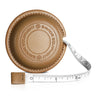 Leather-cased tape measure with tan round case and white measuring tape