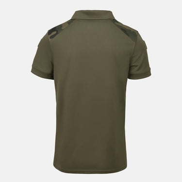 Olive military polo shirt back view with camo shoulder panels and short sleeves