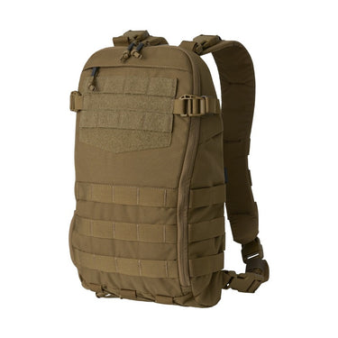 Tan small tactical backpack with MOLLE front panel, buckled strap, and top handle