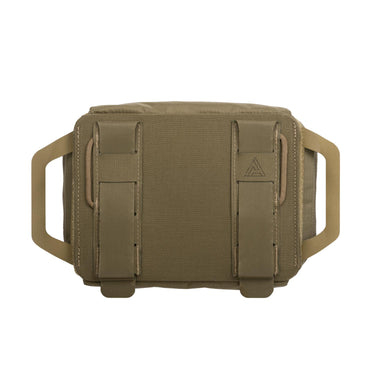 Horizontal medical pouch in olive green, side view with two vertical padded straps