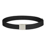 Canvas belt with black webbing strap and silver metal buckle with rectangular keeper.