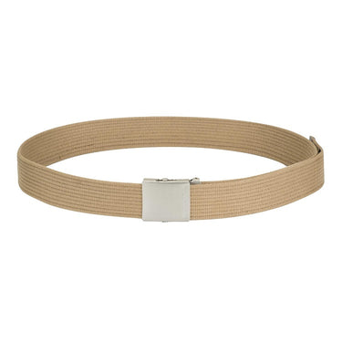 Canvas belt with khaki webbing strap and silver metal buckle with rectangular keeper.