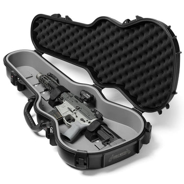 Hard shell rifle case open with gray compartment base and black textured padded lid