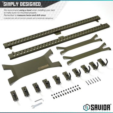 10-hook wall-mounted rack set in olive green with straight rail and bracket hooks