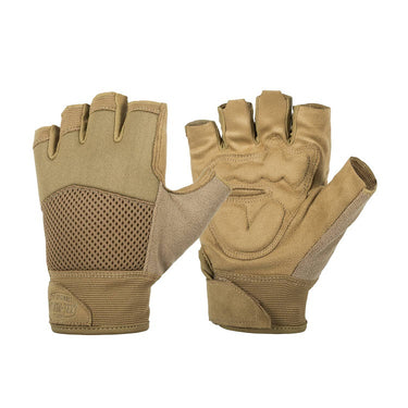 Coyote tan half-finger tactical gloves with mesh palm and padded knuckles