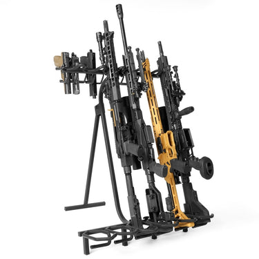 Mobile firearm rack stand with angled black base and upright black/tan holders