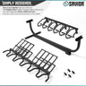Black rifle stand rail with multiple U-shaped hooks and mounting hardware