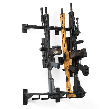 6-slot horizontal rifle wall rack with black and tan holders, side view