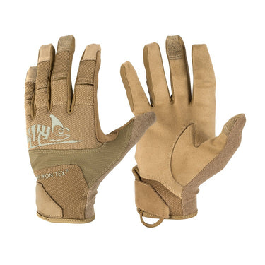 Tactical gloves in tan with textured palm and knuckle padding, dark wrist loop