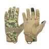 Tactical gloves pair with green/khaki camo palm and tan back, beige fingertips, loop