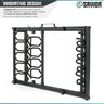 Obsidian black 9-slot rifle rack collapsed flat, showing slot grid and looped prongs