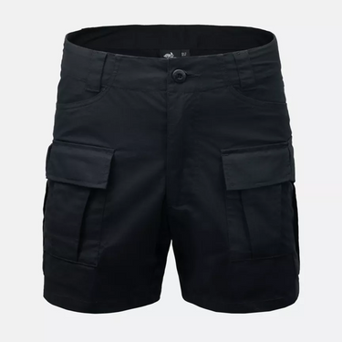 Black cargo shorts with button waistband and side utility pockets