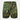 Green camo cargo shorts with button waistband and multiple thigh utility pockets