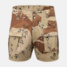 Desert camo cargo shorts with button waistband and multi-pocket design