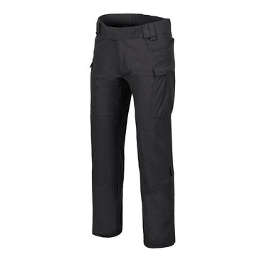 Black ripstop tactical pants with knee reinforcement and side cargo pockets