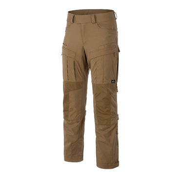 Tan tactical cargo pants with belt loops, button fly, and side cargo pockets