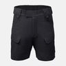 Black tactical-style shorts with elastic waistband and two cargo side pockets