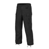 Black ripstop cargo pants with front button closure and side flap pockets.