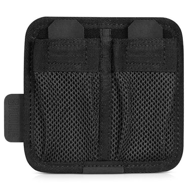 Two-slot battery holder with mesh pocket dividers and black hook plate backing