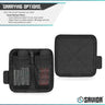 Two-slot battery holder with hook-backing panel, black fabric and mesh inserts