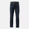 Dark blue denim jeans with straight legs, button fly, and belt loops.