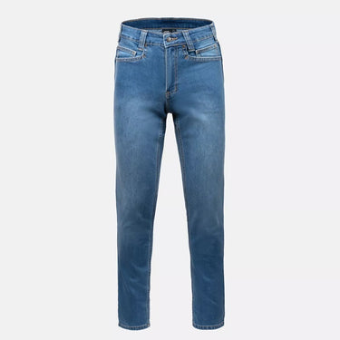 Slim jeans in medium blue wash, tapered legs, belt loops, zip fly, front pockets