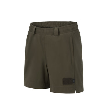 Lightweight utility shorts in taiga green with elastic waistband and side cargo pocket