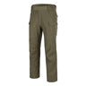 Olive green ripstop flex pants with elastic waistband and cargo pockets