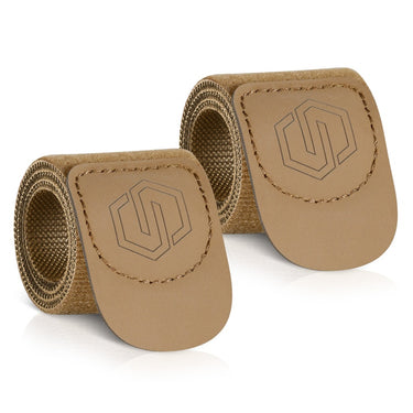 Hook-and-loop equipment straps, tan fabric with stitched logo pads, 2-pack
