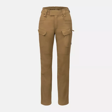 Women’s cargo pants in tan with multiple side pockets and utility strap detail