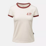 Women’s sand T-shirt with maroon collar trim and small chest logo