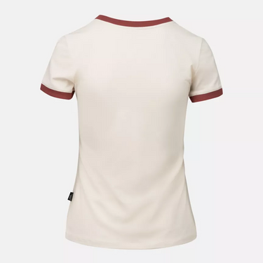 Women’s sand T-shirt with maroon sleeve cuffs, back view, no front graphic