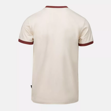 Sand T-shirt with maroon ribbed sleeve cuffs and crew neck; plain back