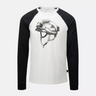 Long-sleeve baseball tee with white body, black raglan sleeves, helmet graphic on chest