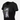 Women’s black T-shirt with crew neck and chest graphic print, side front view